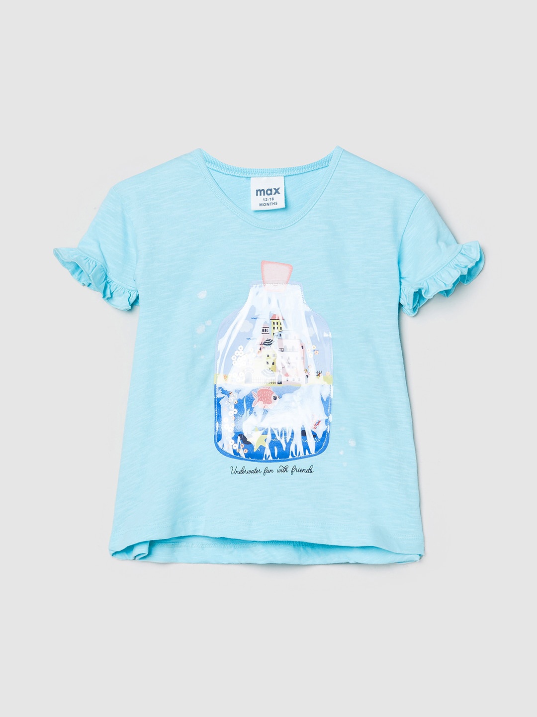 

max Girls Blue Printed Pure Cotton Applique T-shirt