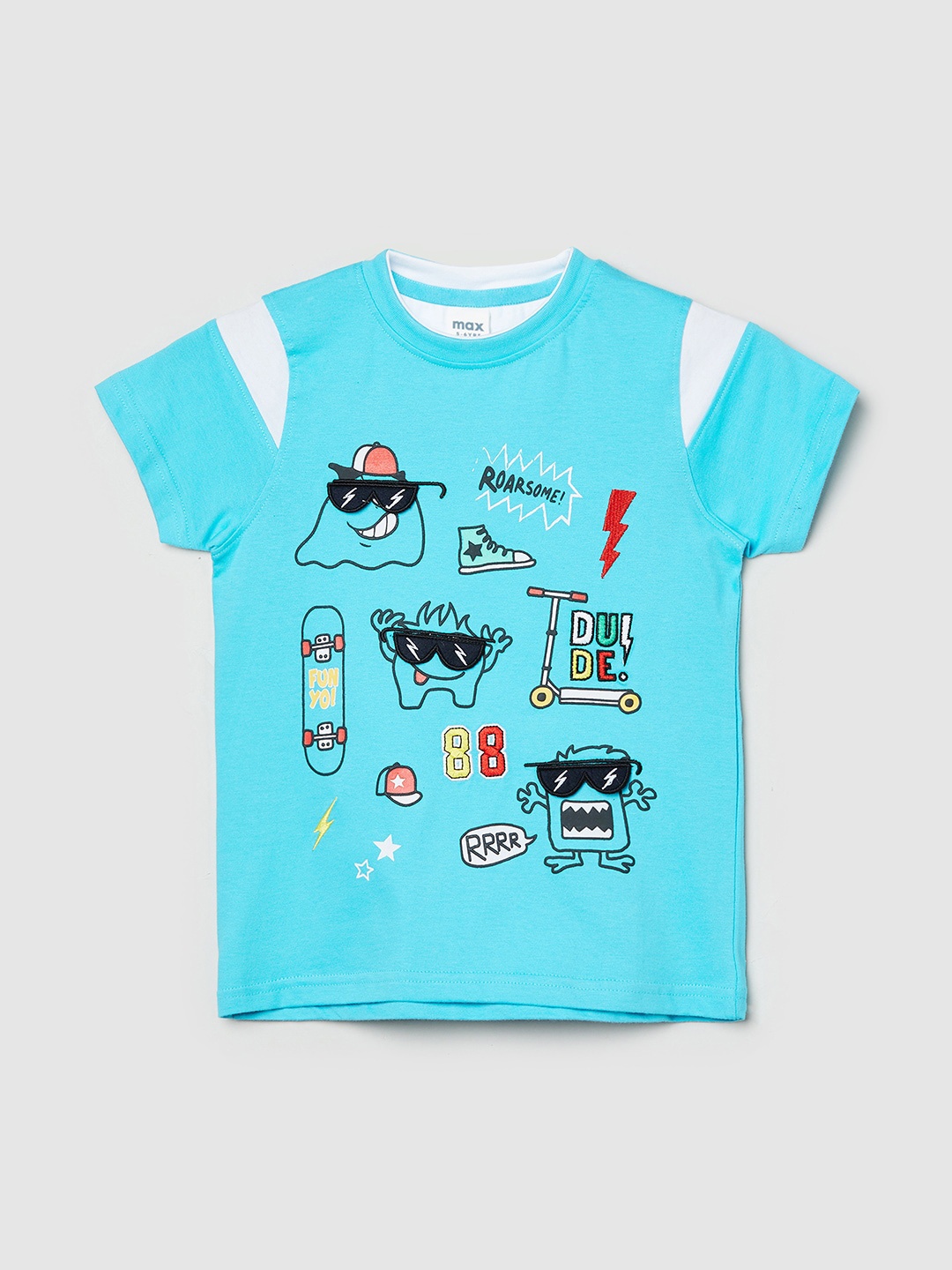 

max Boys Blue Printed Pure Cotton Applique T-shirt