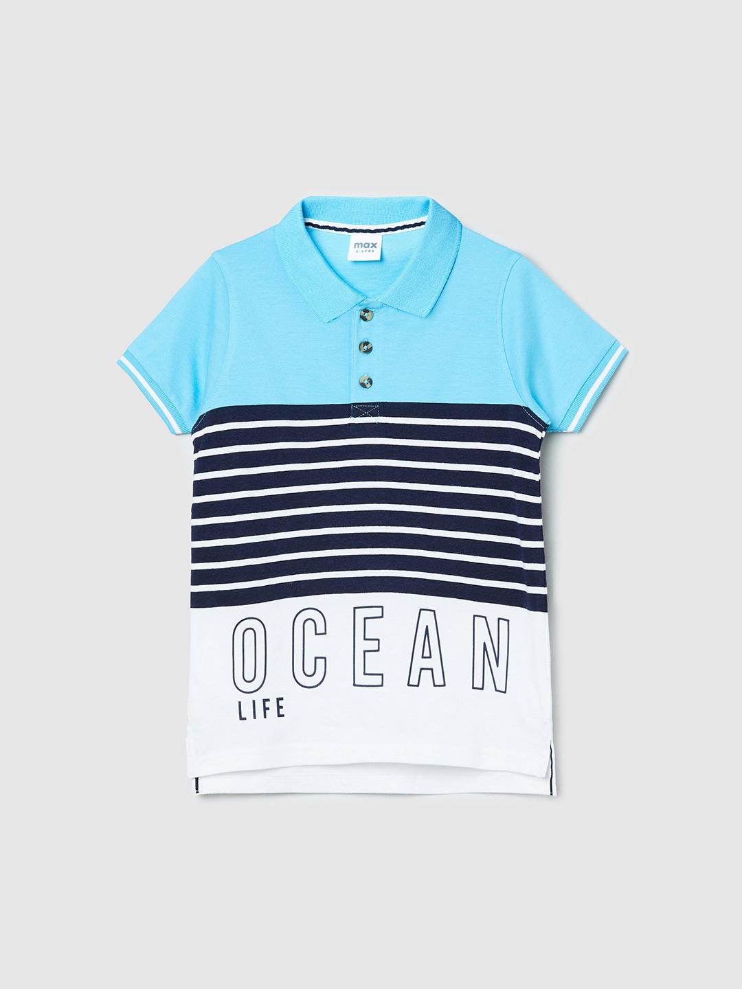 

max Boys Multicoloured Striped Polo Collar Pure Cotton Applique T-shirt, Multi