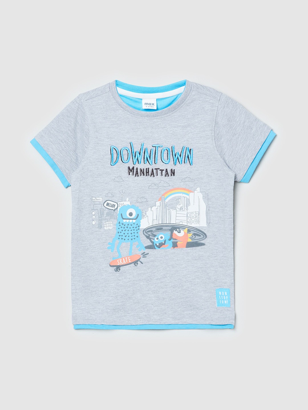 

max Boys Grey Typography Printed Pure Cotton Applique T-shirt