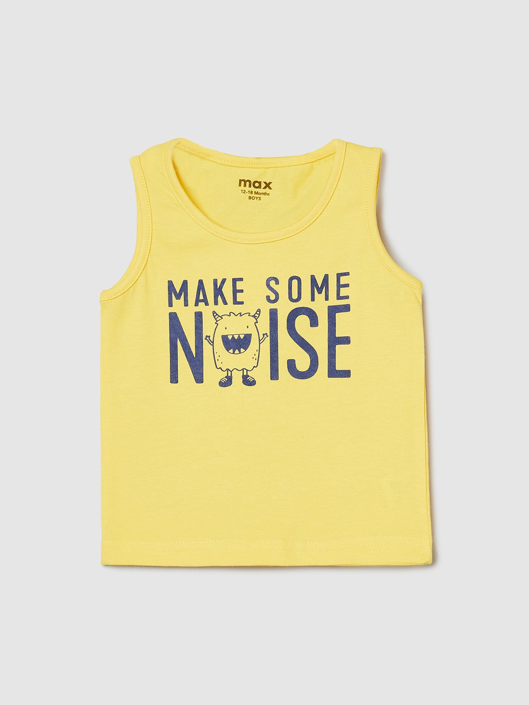 max Boys Yellow Typography Printed V-Neck Pure Cotton Applique T-shirt