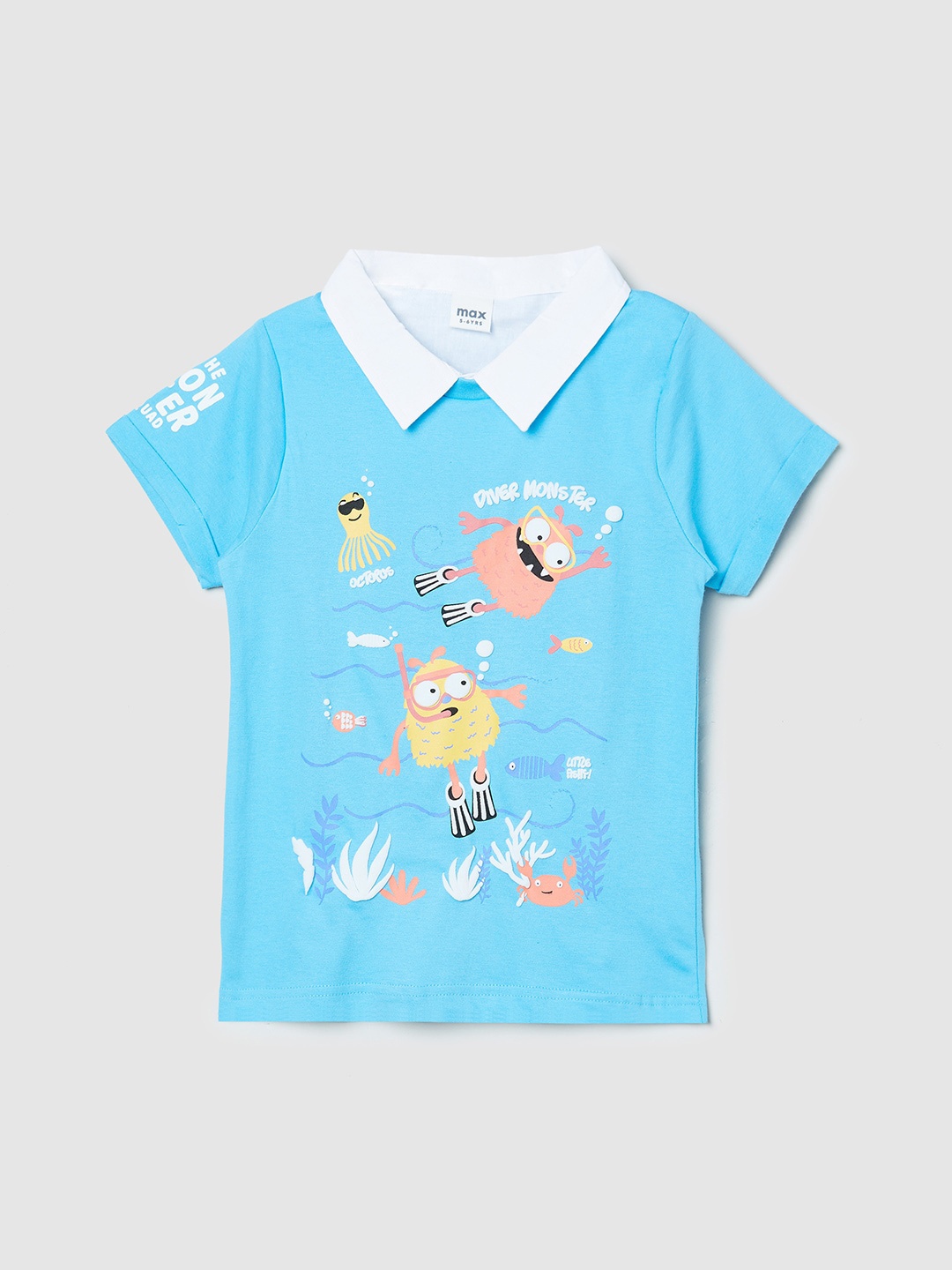 

max Boys Blue Printed V-Neck Pure Cotton Applique T-shirt