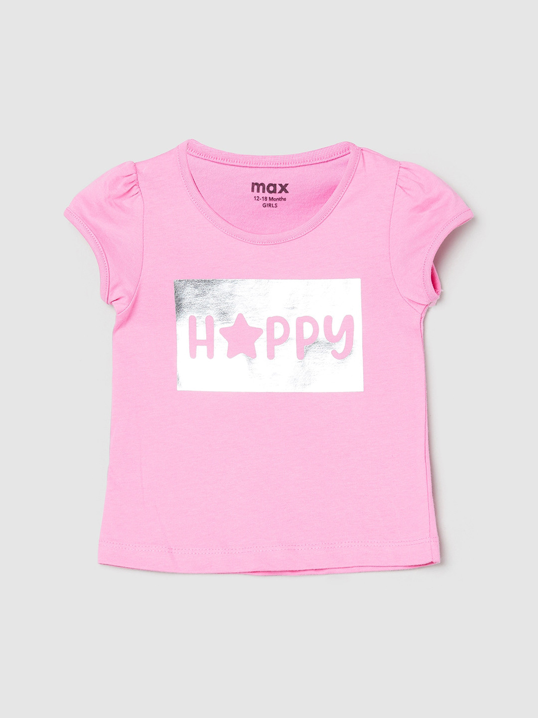 

max Girls Pink Typography Printed V-Neck Pure Cotton Applique T-shirt