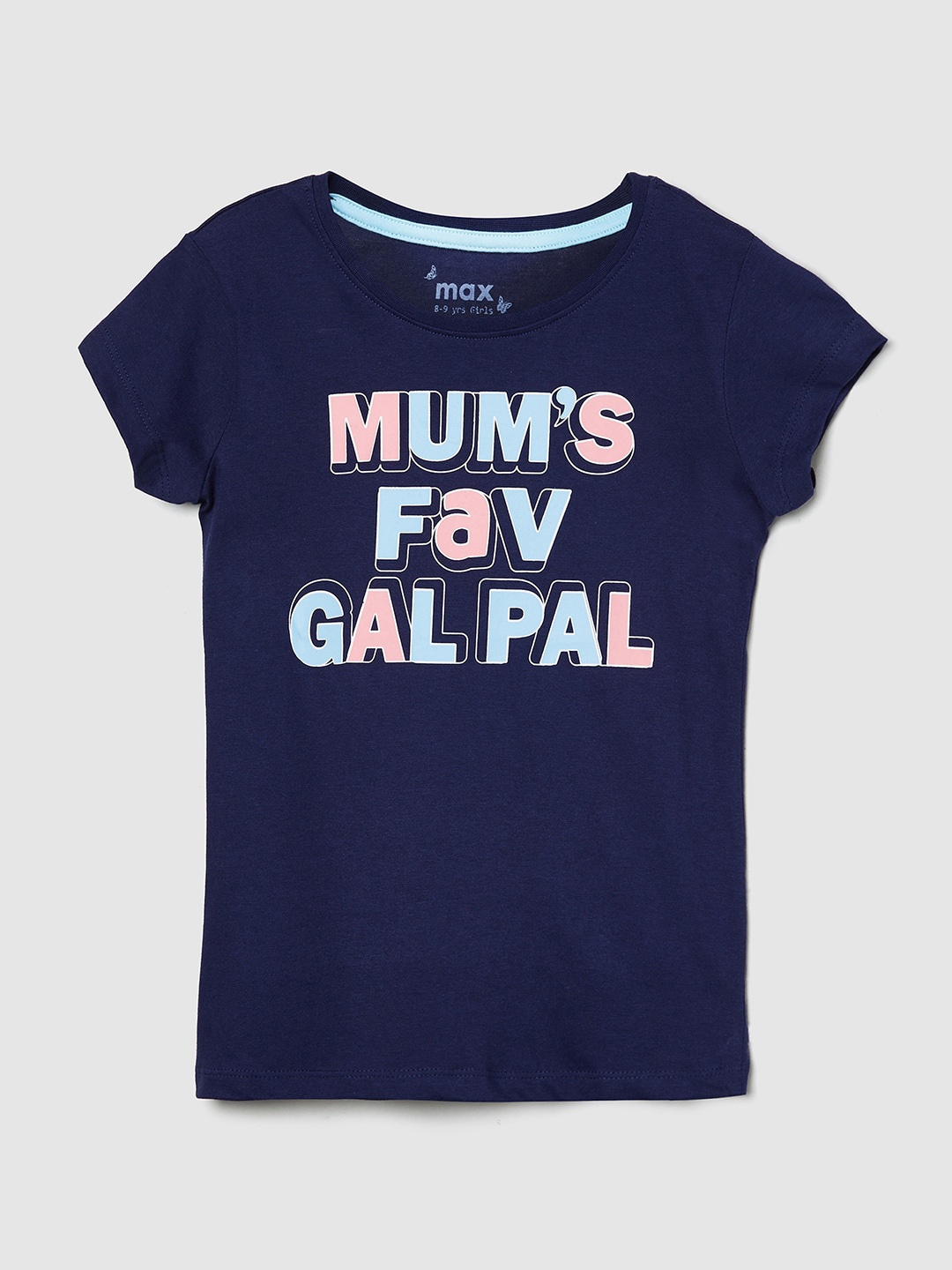 

max Girls Navy Blue Typography Printed Pure Cotton Applique T-shirt