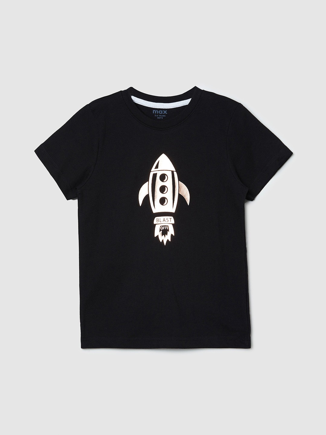 

max Boys Black Typography Printed Pure Cotton Applique T-shirt