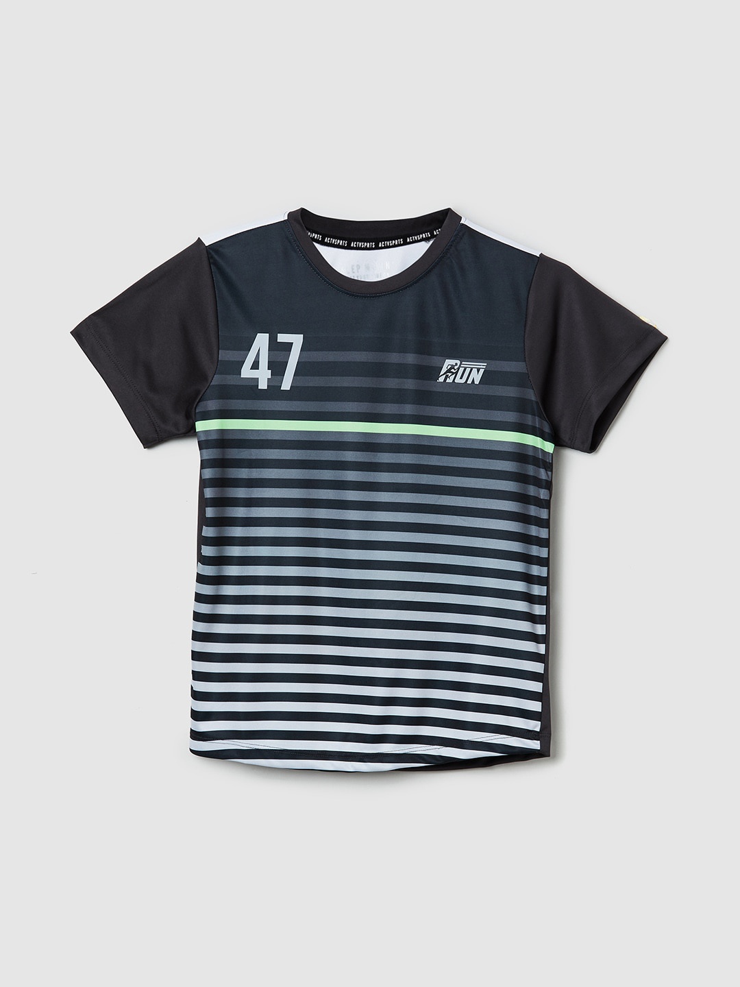 

max Boys Black Striped V-Neck Pure Cotton Applique T-shirt