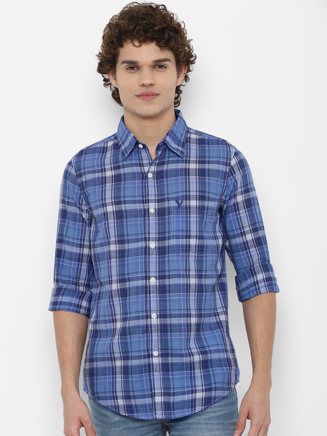 

AMERICAN EAGLE OUTFITTERS Men Blue Slim Fit Tartan Checks Checked Casual Shirt