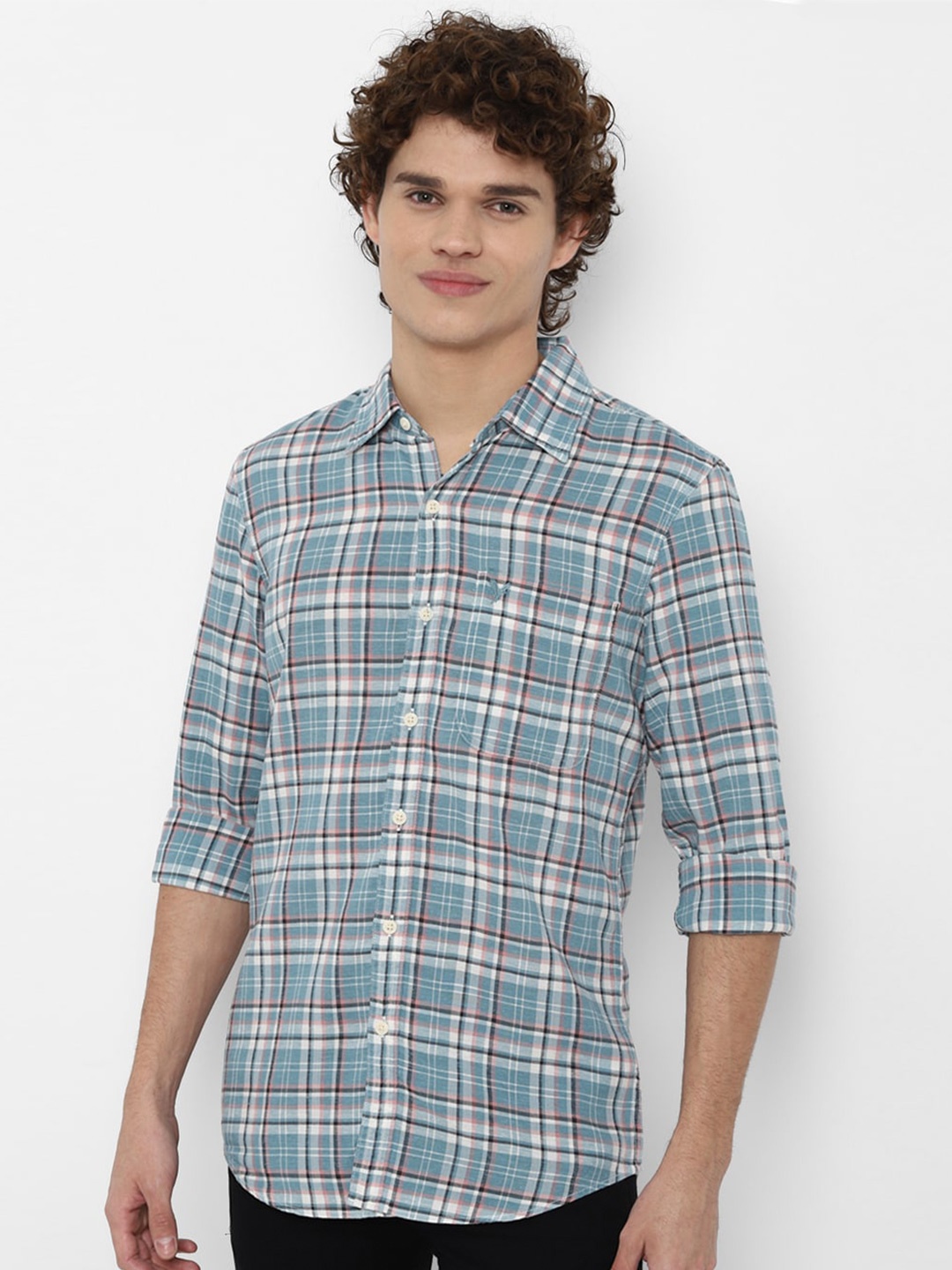 

AMERICAN EAGLE OUTFITTERS Men Blue Slim Fit Tartan Checks Checked Casual Shirt