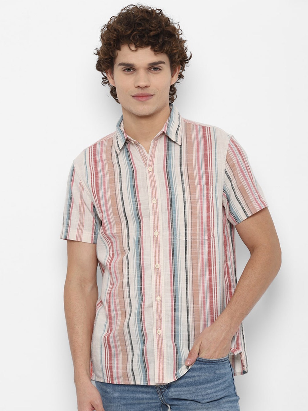 

AMERICAN EAGLE OUTFITTERS Men Cream-Coloured Multi Stripes Striped Casual Shirt
