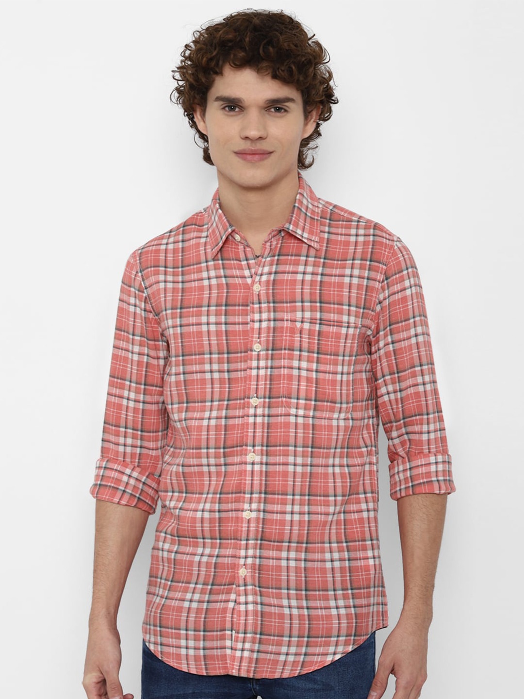 

AMERICAN EAGLE OUTFITTERS Men Pink Slim Fit Tartan Checks Checked Casual Shirt