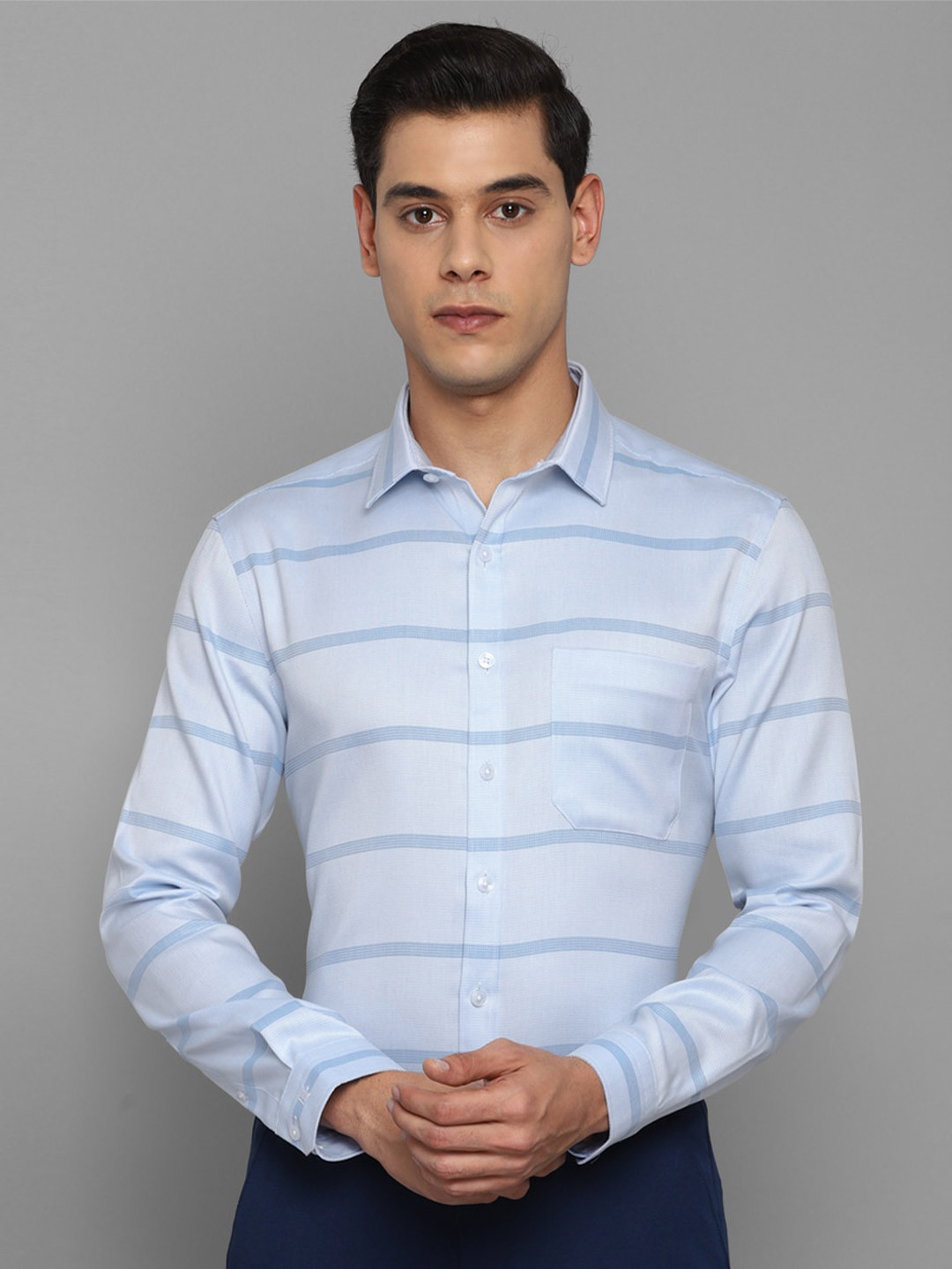 

Louis Philippe Permapress Men Blue Slim Fit Horizontal Stripes Striped Wrinkle Free Formal Shirt