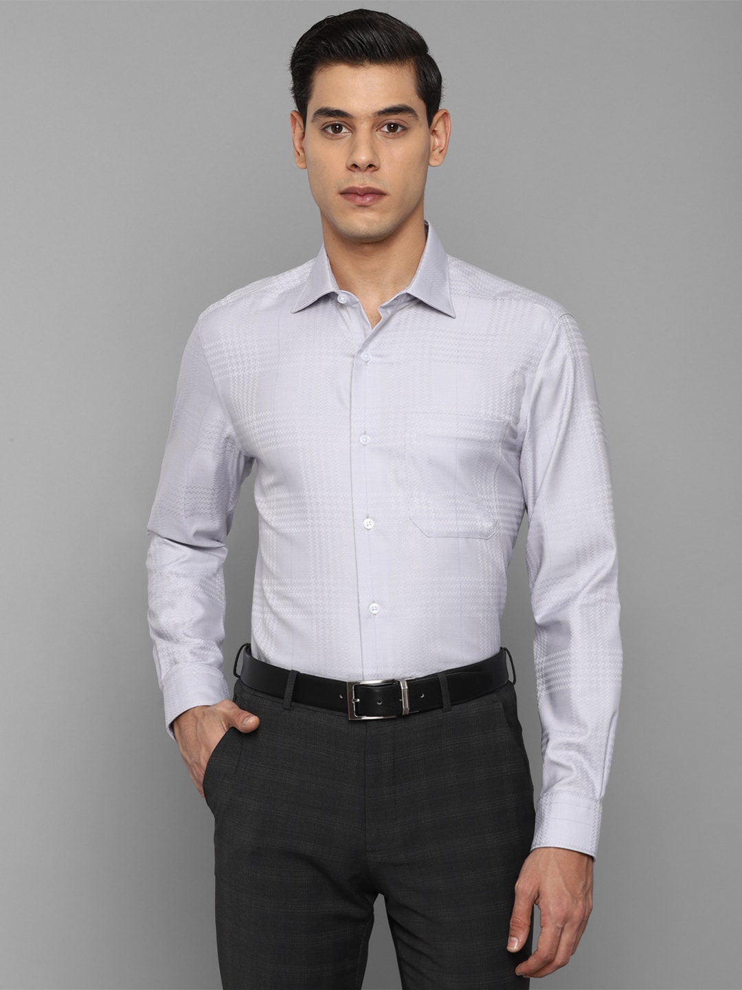 

Louis Philippe Men Grey Grid Tattersall Checks Striped Formal Shirt