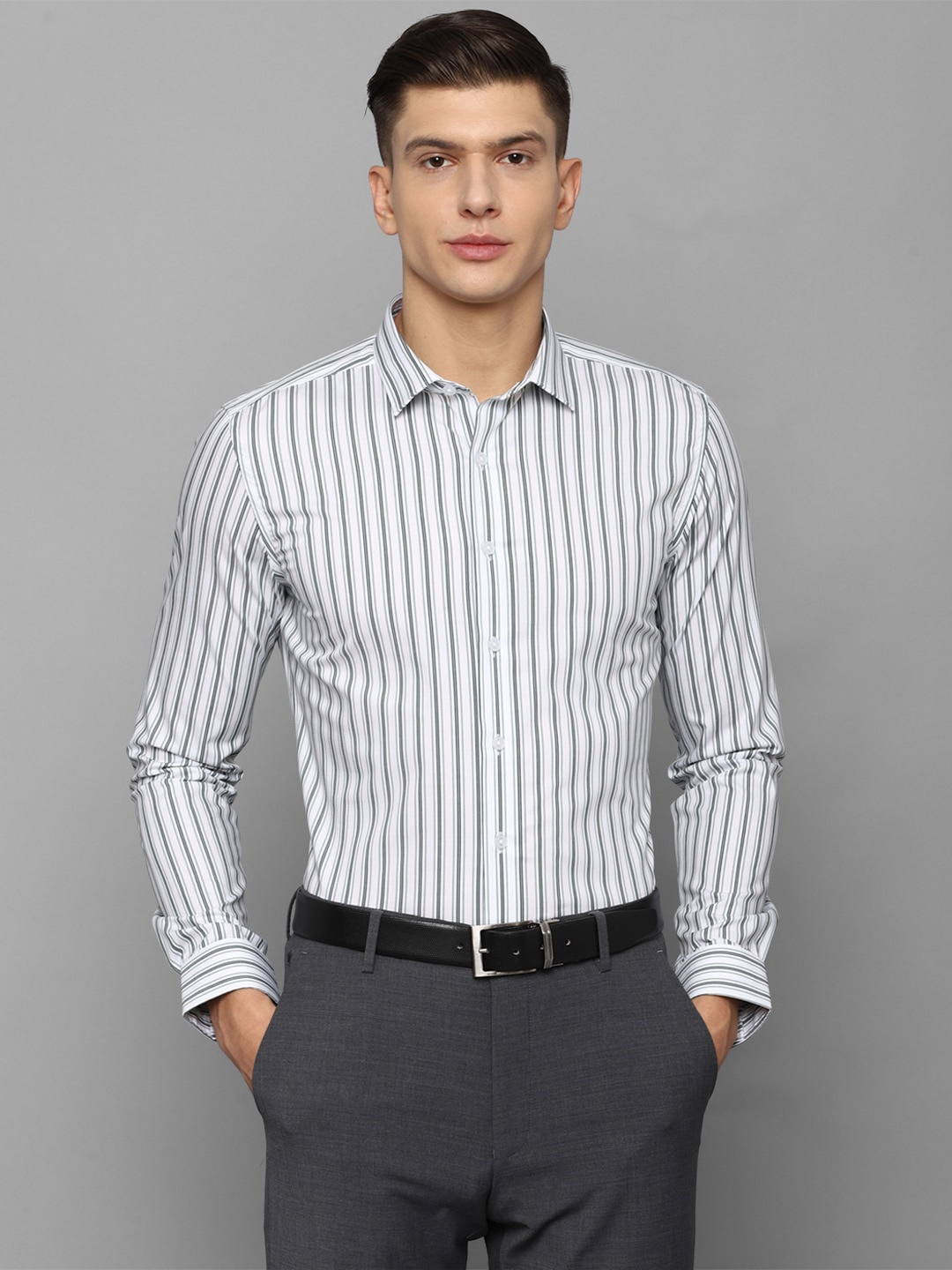 

Louis Philippe Men Grey Slim Fit Striped Formal Shirt