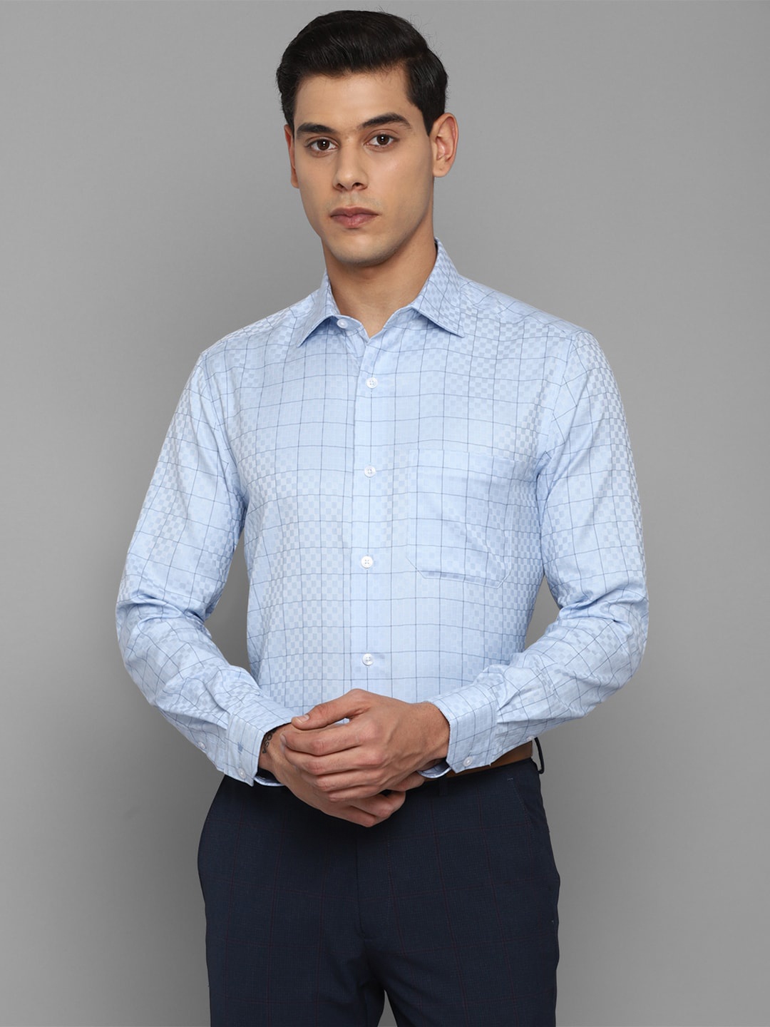 

Louis Philippe Permapress Men Blue Grid Tattersall Checks Checked Wrinkle Free Formal Shirt