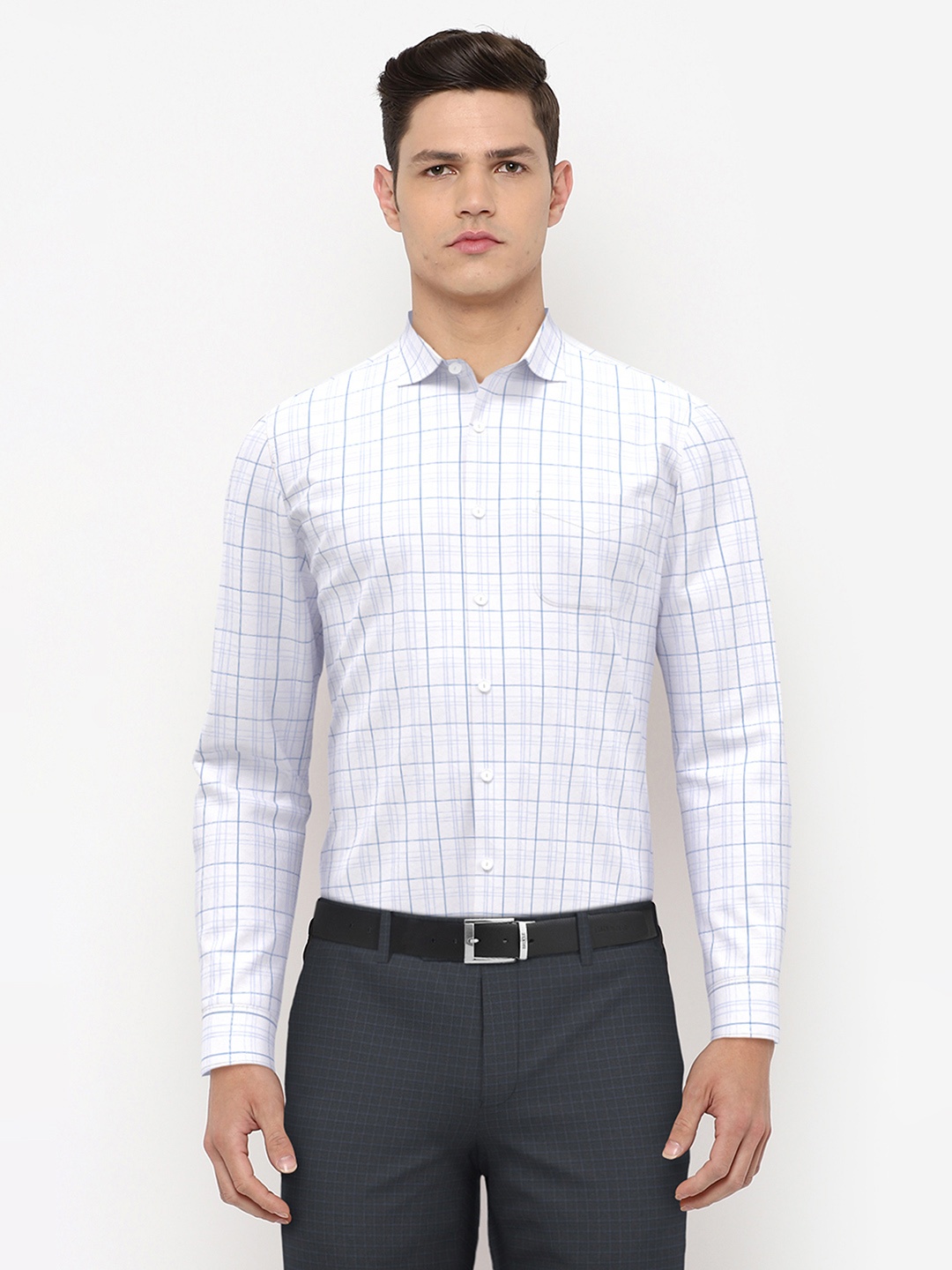 

Peter England Elite Men White Windowpane Checks Checked Formal Shirt