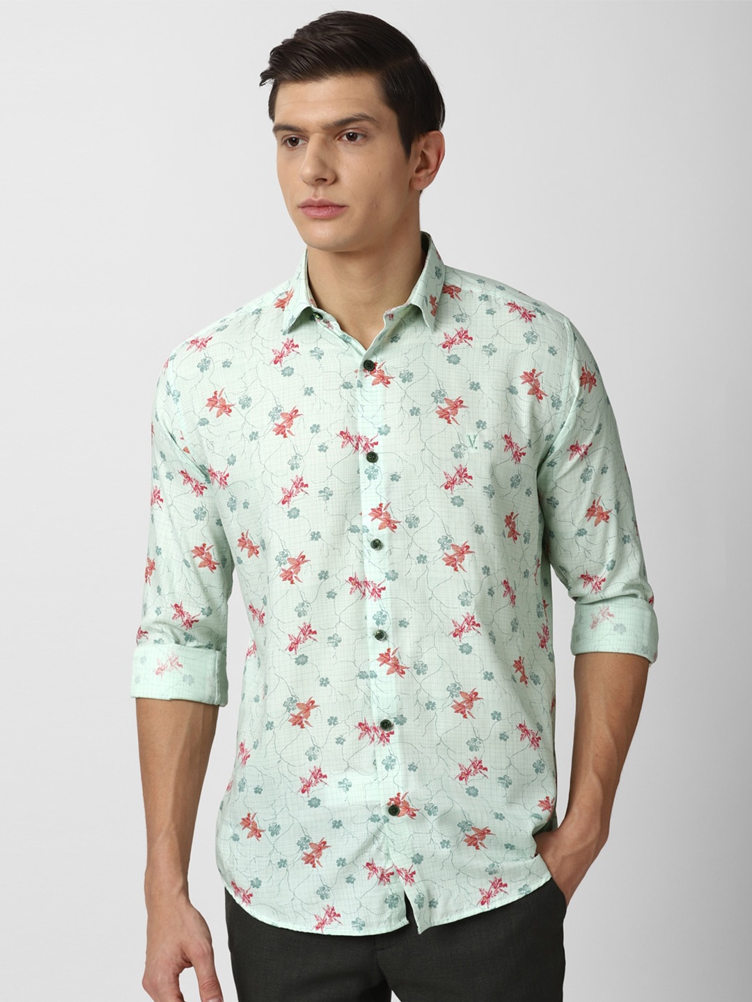 

V Dot Men Green Slim Fit Floral Printed Casual Shirt