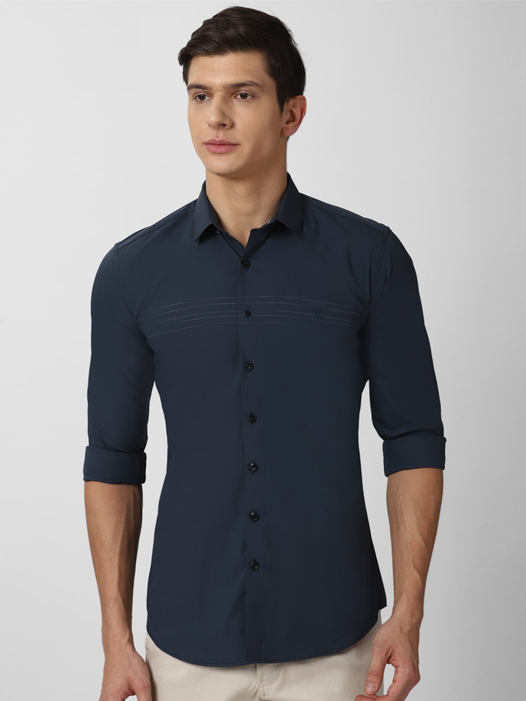 

V Dot Men Navy Blue Slim Fit Casual Shirt