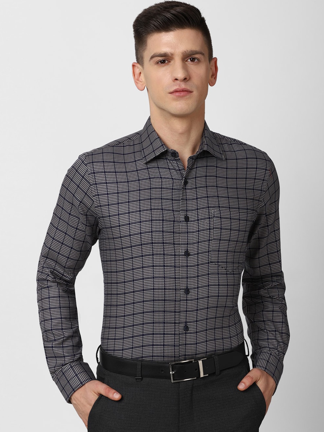 

Van Heusen Men Grey Slim Fit Grid Tattersall Checks Checked Formal Shirt