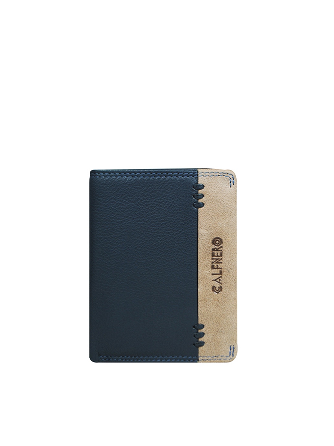 

CALFNERO Men Blue & Beige Textured Leather Two Fold Wallet