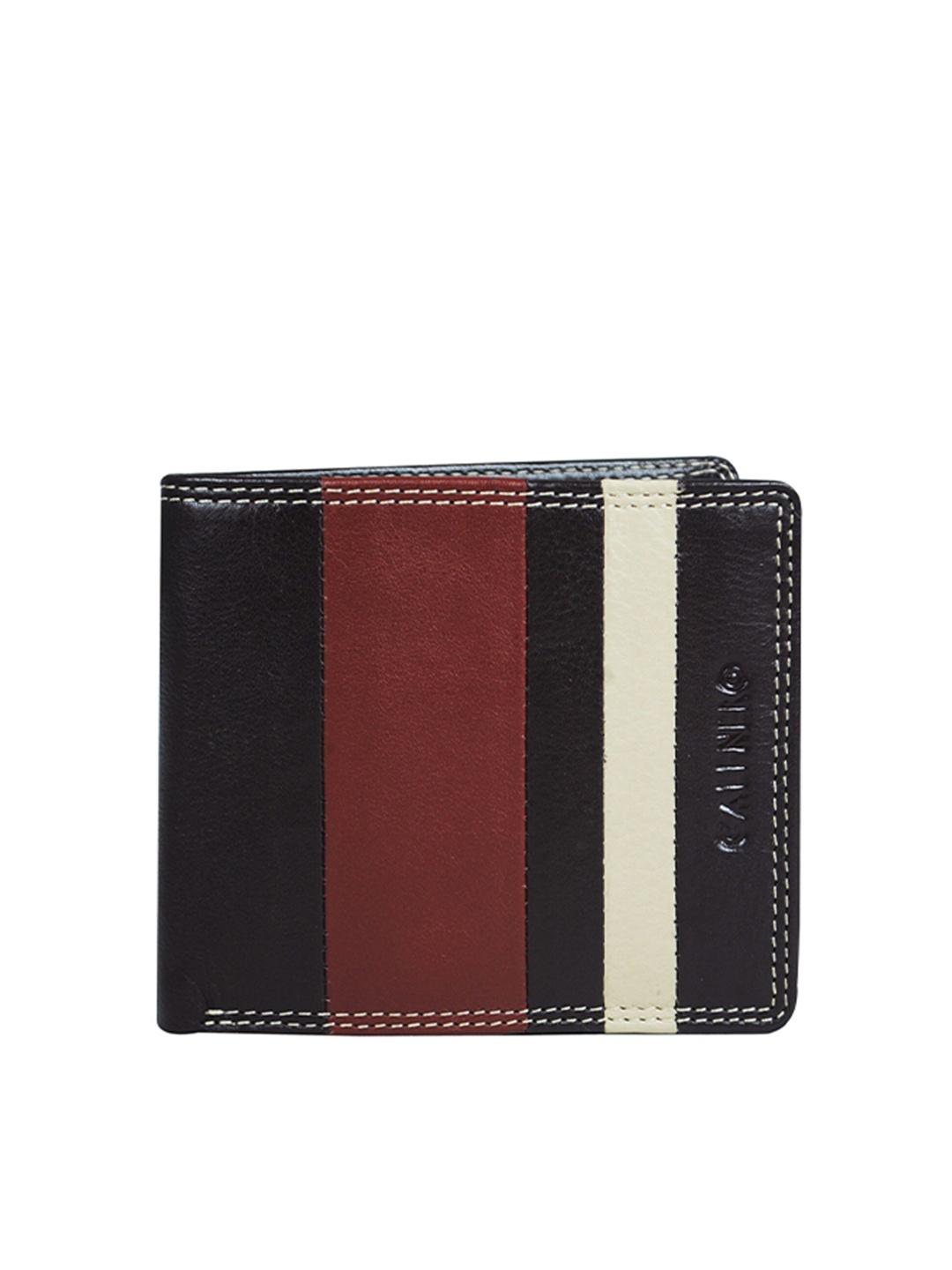 

CALFNERO Men Black & Brown Striped Leather Two Fold Wallet
