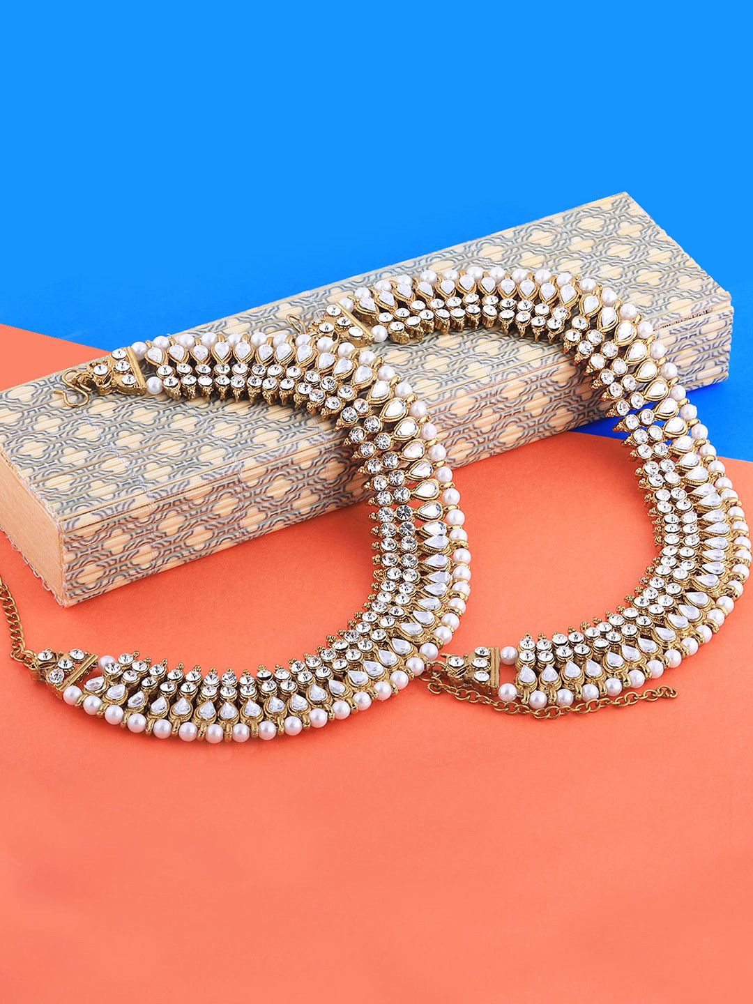 

Silver Shine Set Of 2 Gold-Plated White Kundan-Studded & Pearl Beaded Anklets