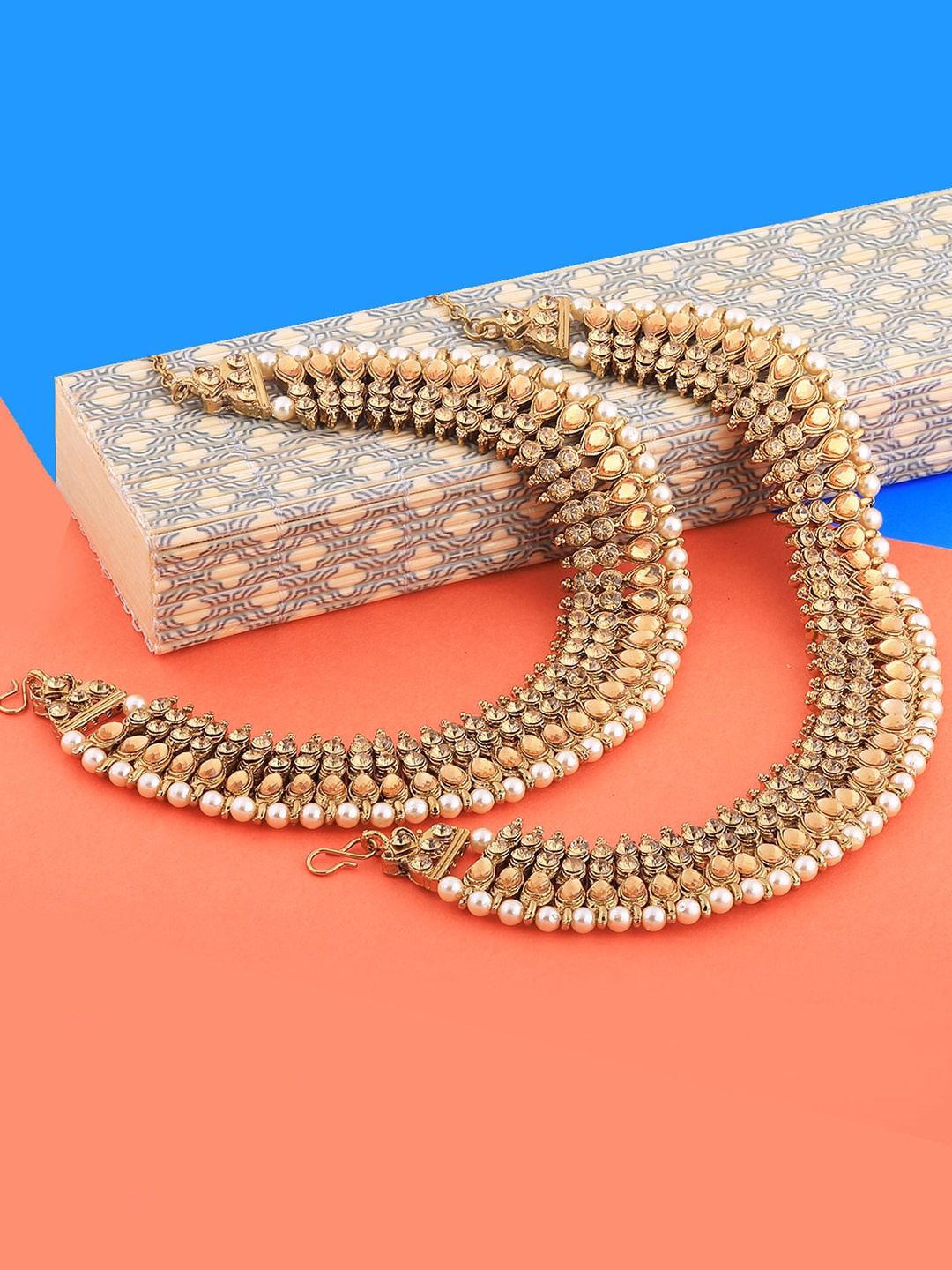 

Silver Shine Women Set of 2 Gold-Plated Kundan and Pearl Studded Anklet