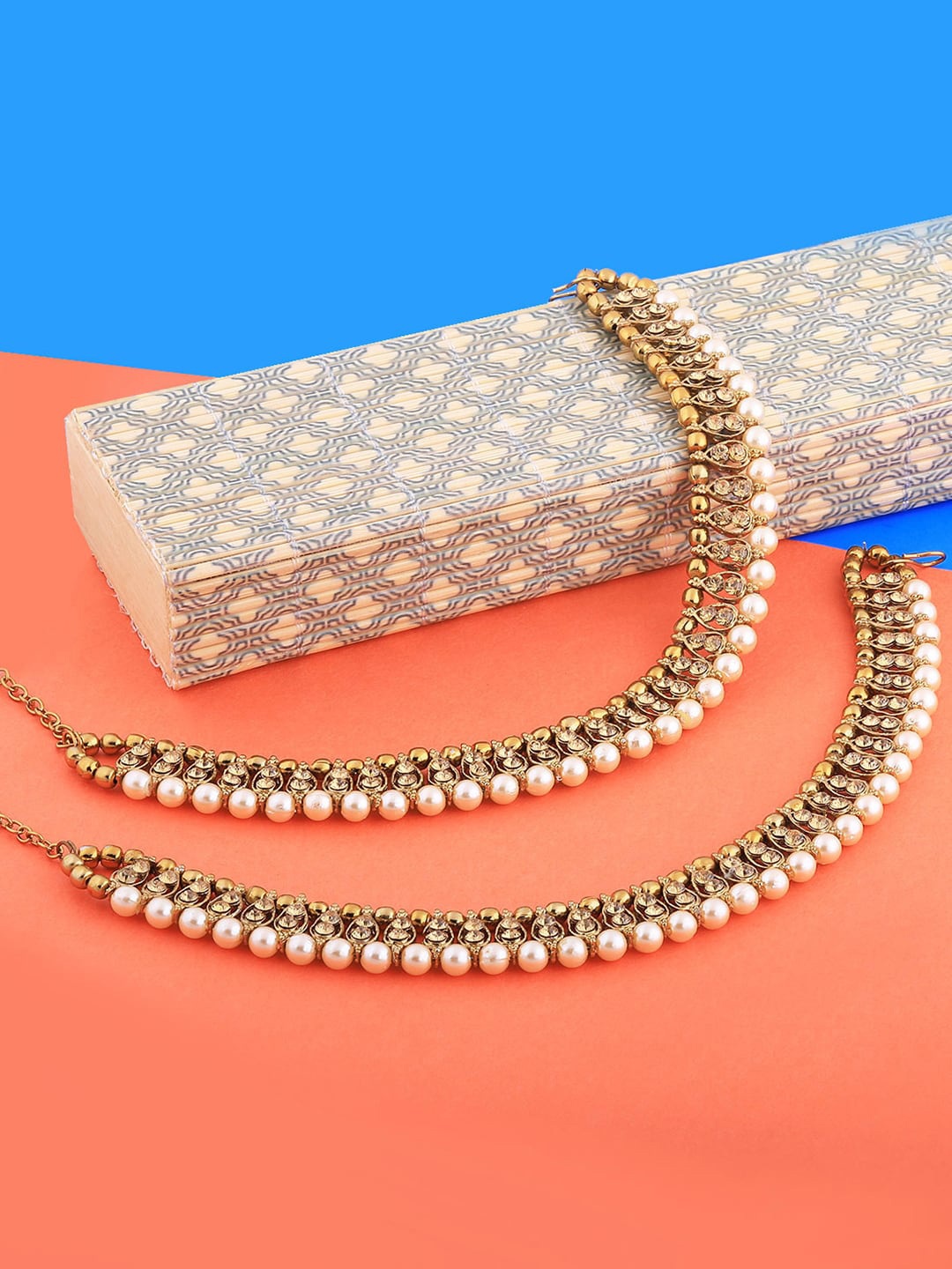 

Silver Shine Set of 2 Gold-Plated White Kundan Studded & Beaded Anklet