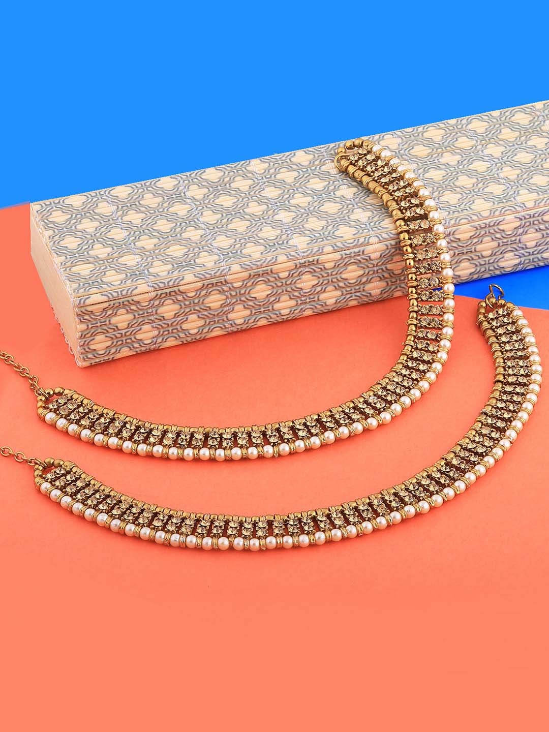 

Silver Shine Women Set of 2 Gold-Plated Kundan & Pearl Studded Anklet