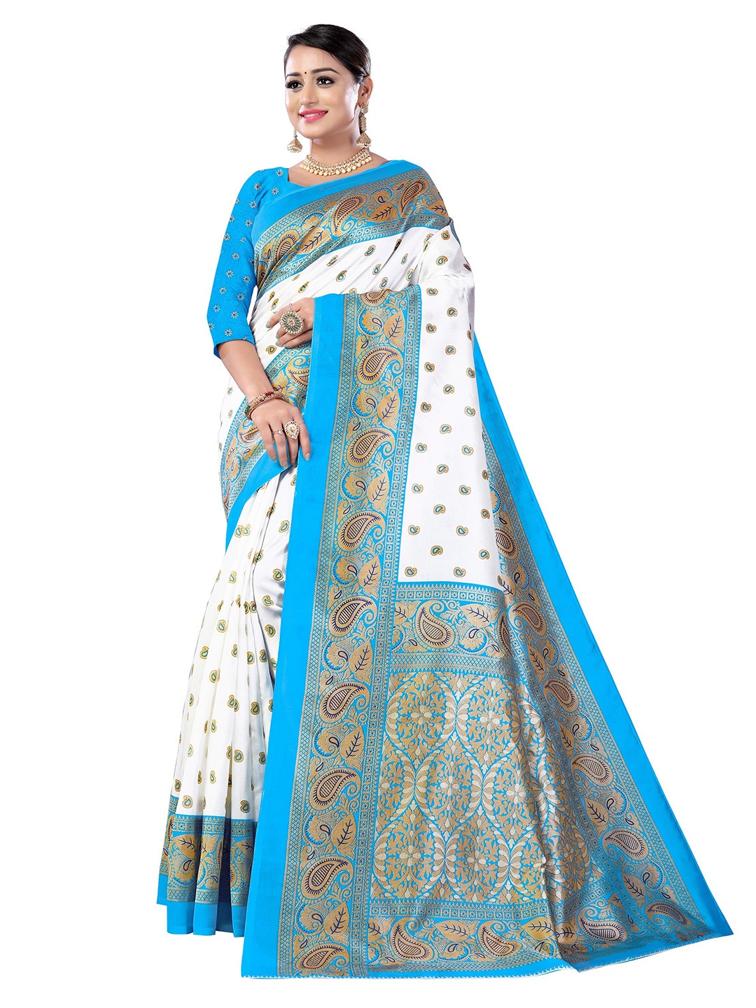 

KALINI Blue & White Ethnic Motifs Printed Zari Art Silk Fusion Saree