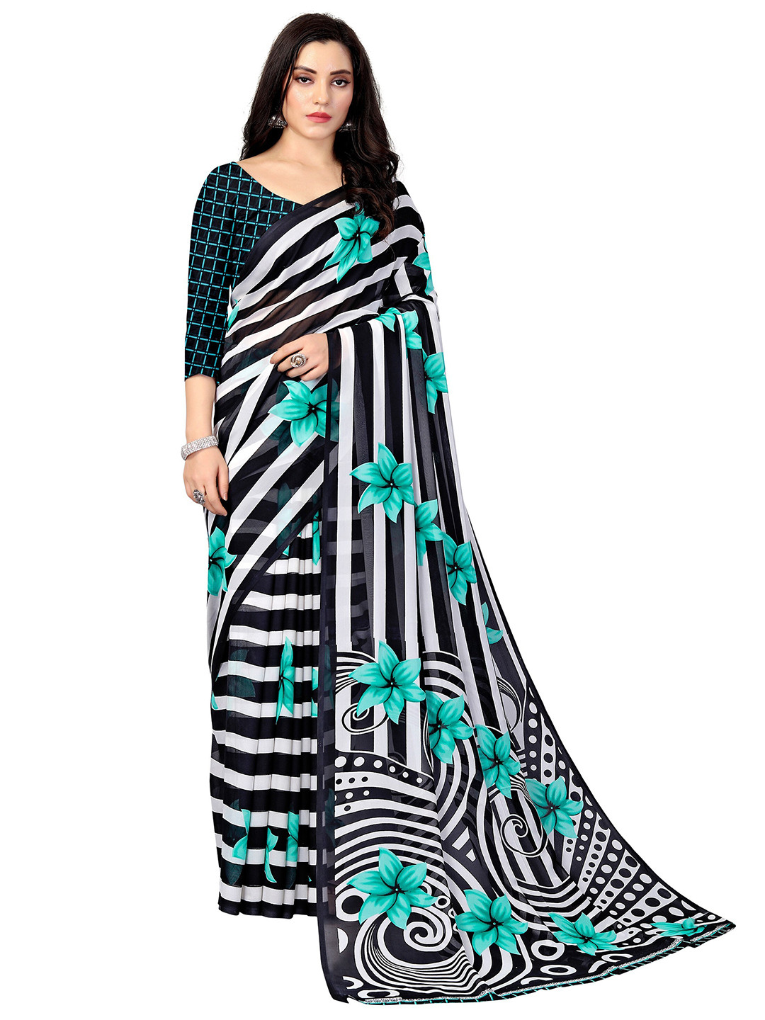 

KALINI White & Black Floral Saree