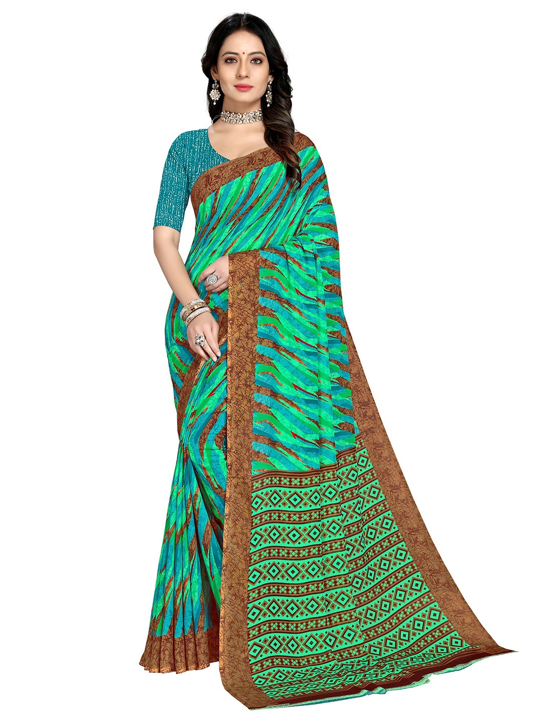 

KALINI Teal Green & Maroon Printed Saree