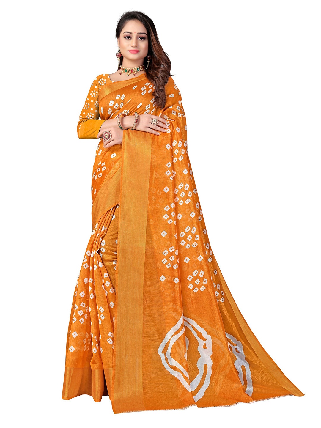 

KALINI Yellow & White Bandhani Printed Fusion Cotton Blend Saree