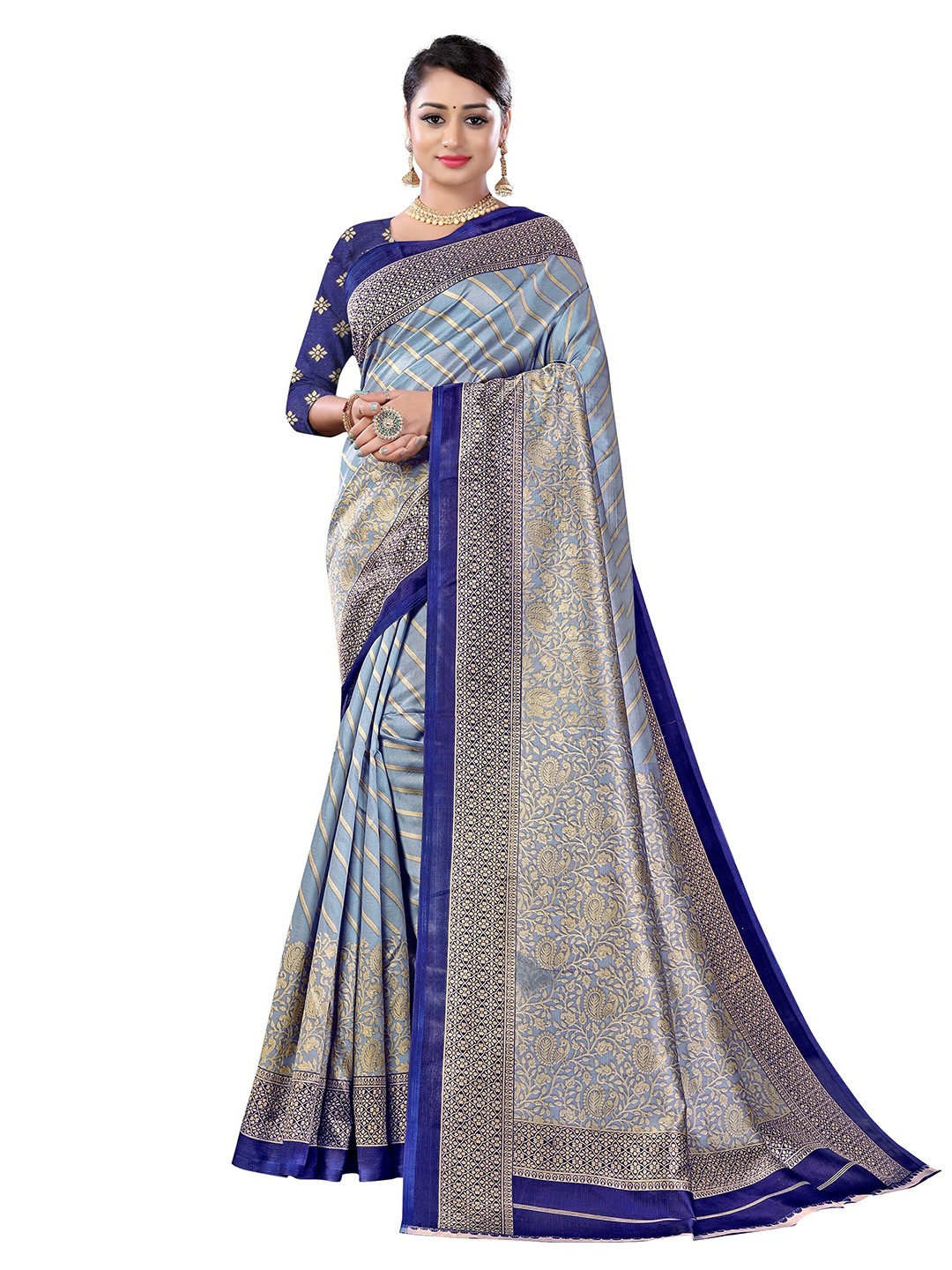 

KALINI Grey & Blue Ethnic Motifs Zari Art Silk Fusion Mysore Silk Saree