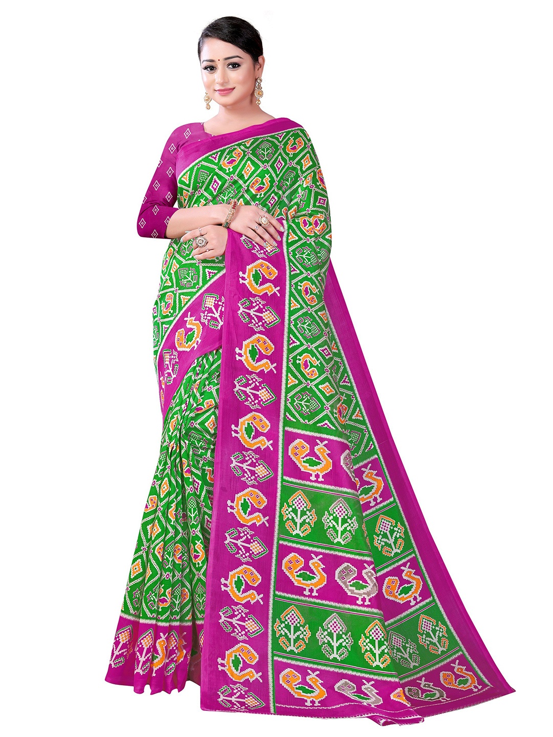 

KALINI Green & Pink Floral Printed Mysore Silk Saree