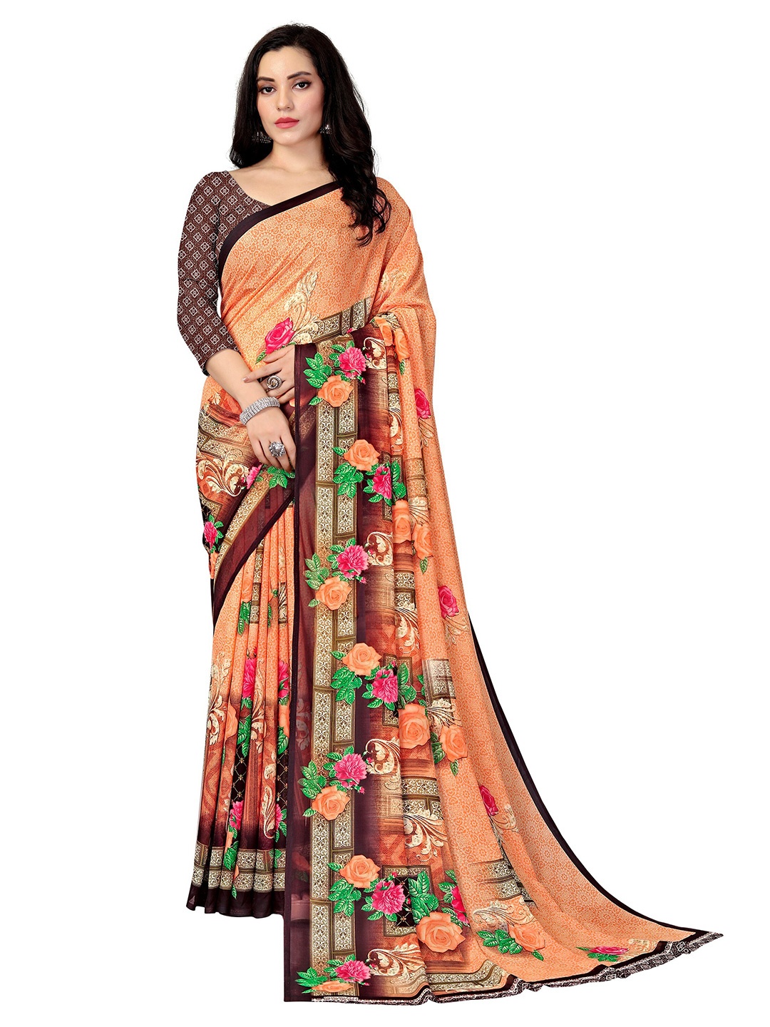

KALINI Peach-Coloured & Green Floral Printed Saree