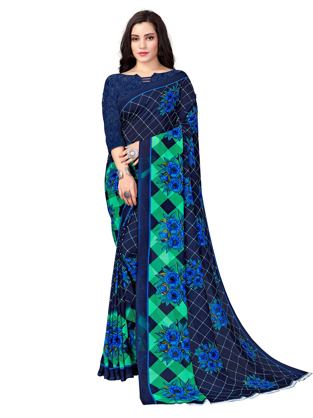 

KALINI Navy Blue & Green Floral Fusion Saree