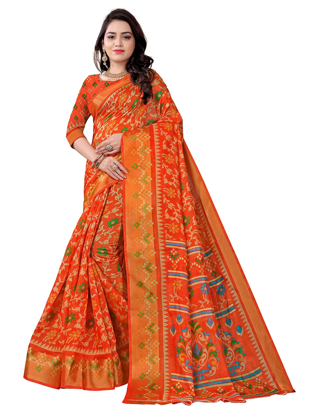 

KALINI Orange & Green Ethnic Motifs Mysore Silk Saree