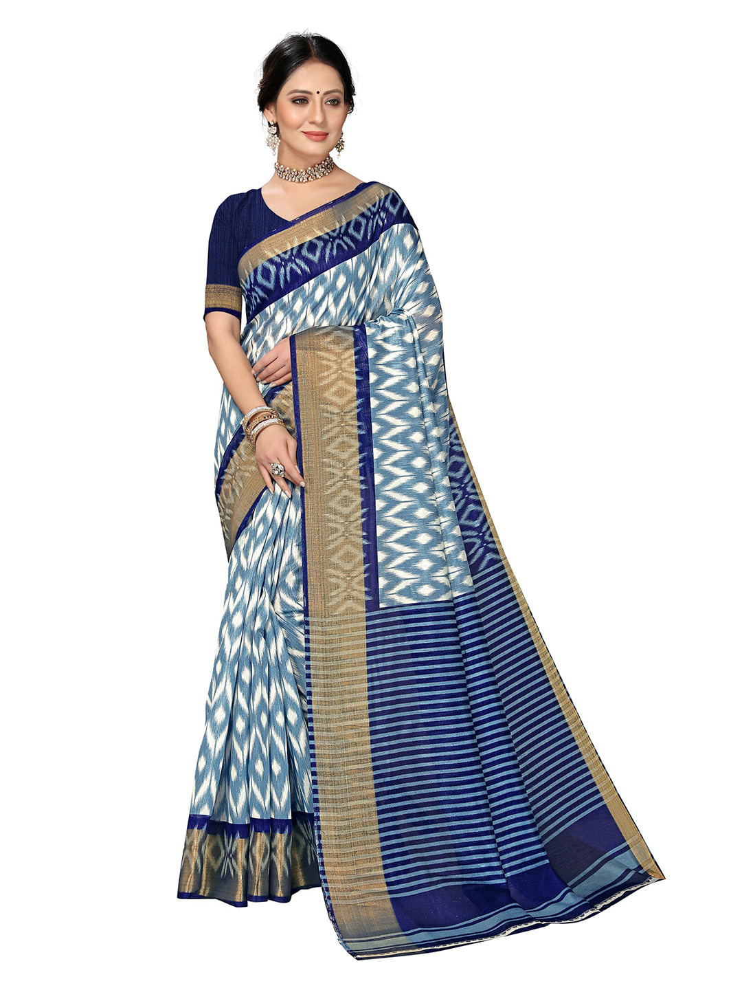 

KALINI Navy Blue & White Fusion Mysore Silk Saree