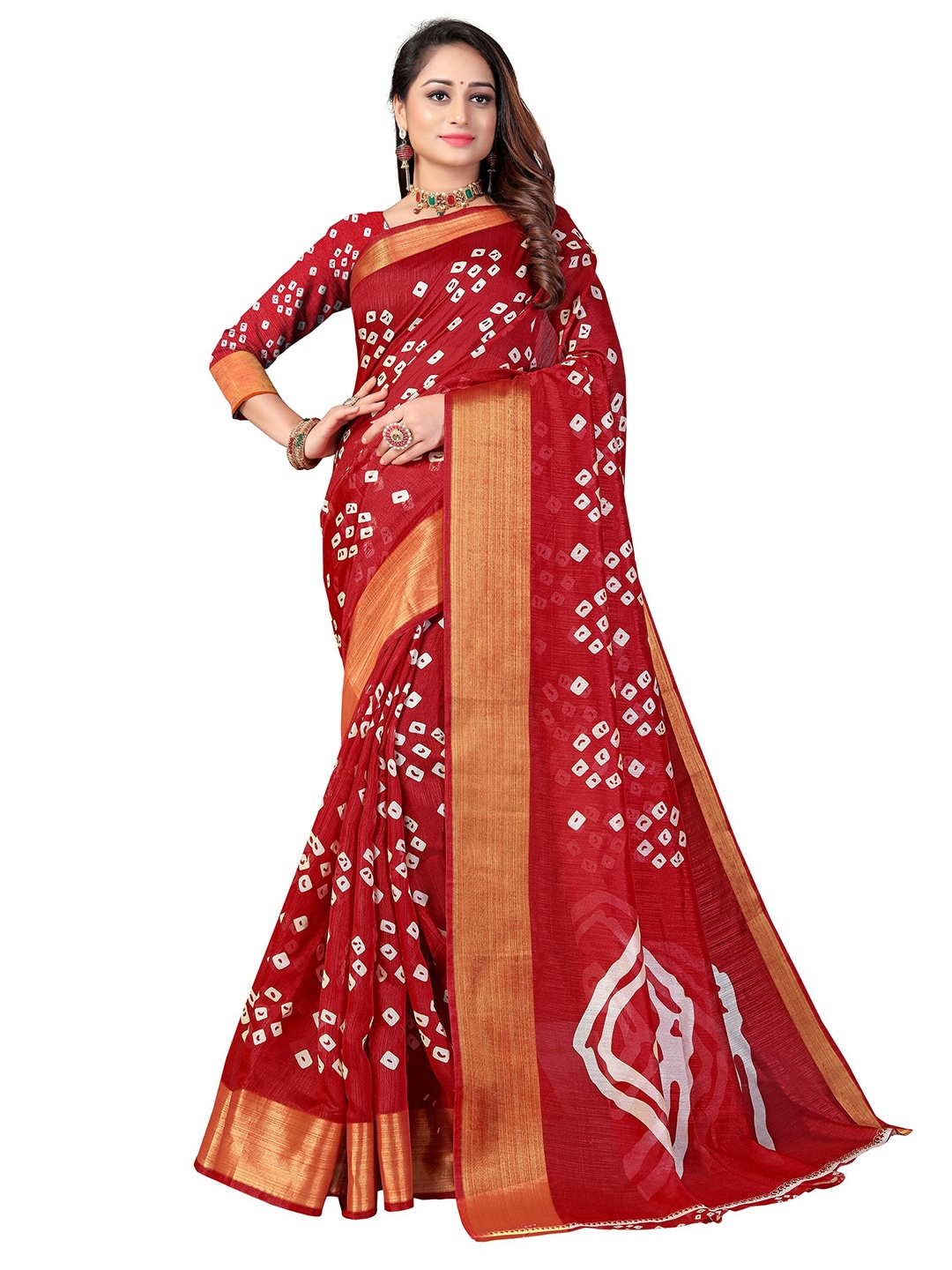 

KALINI Red & White Bandhani Zari Fusion Mysore Silk Saree