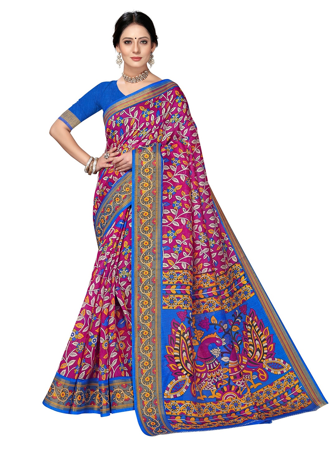 

KALINI Pink & Blue Floral Fusion Mysore Silk Saree