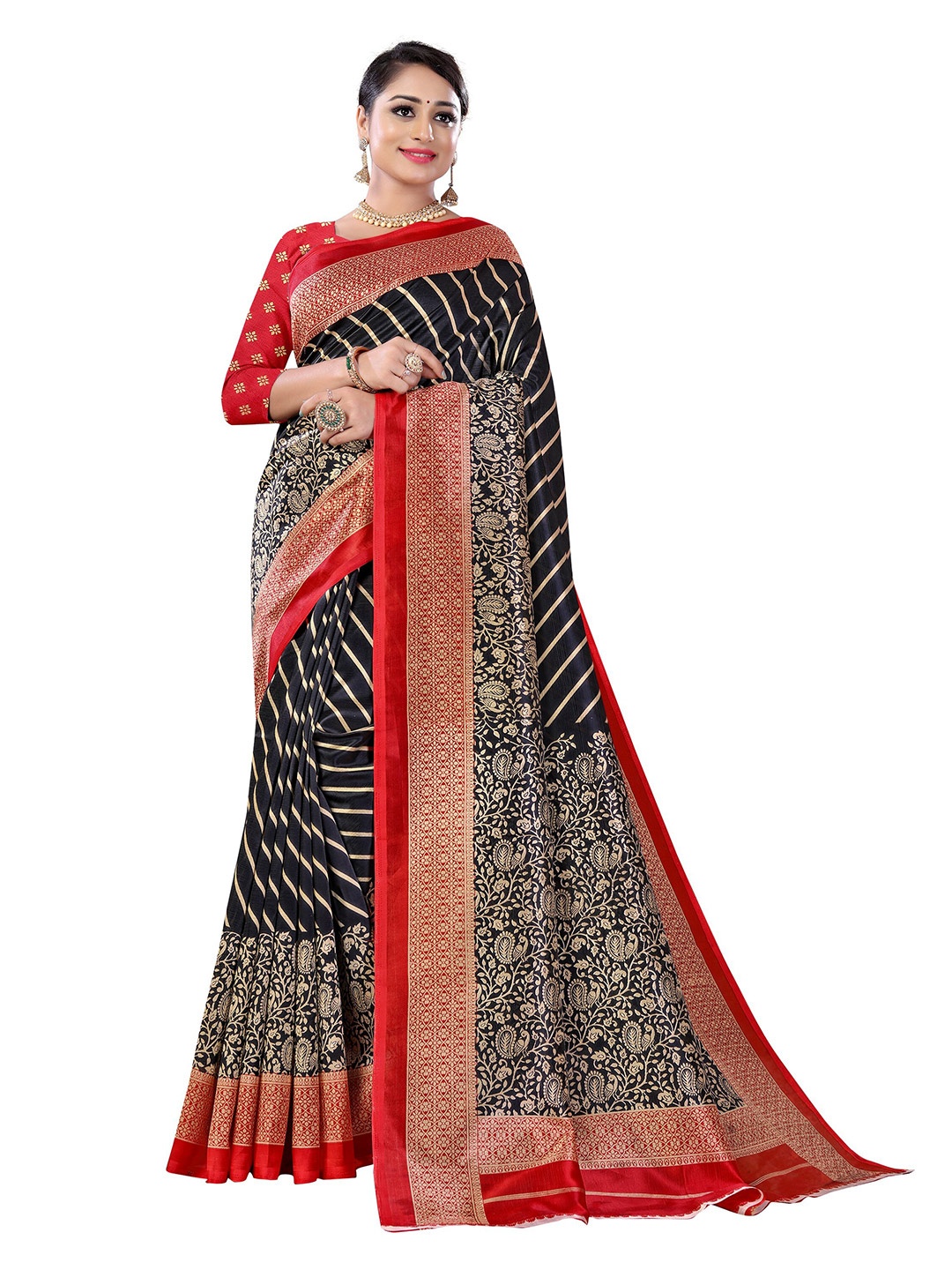 

KALINI Black & Red Ethnic Motifs Art Silk Fusion Mysore Silk Saree