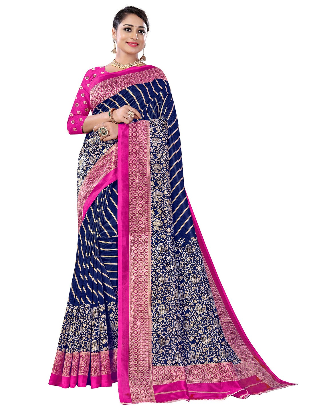 

KALINI Navy Blue & Pink Ethnic Motifs Art Silk Fusion Mysore Silk Saree