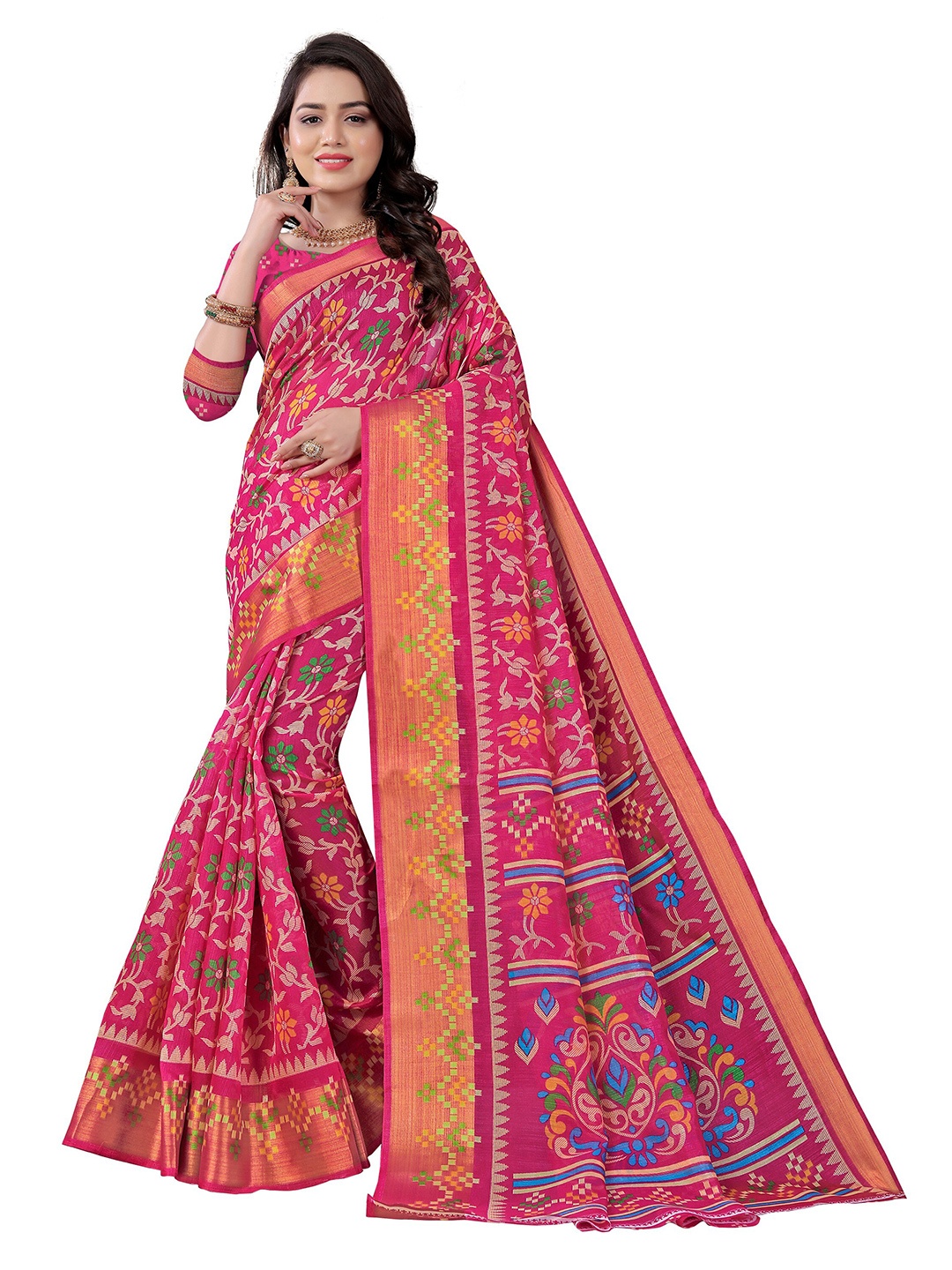

KALINI Pink & Green Floral Fusion Mysore Silk Saree