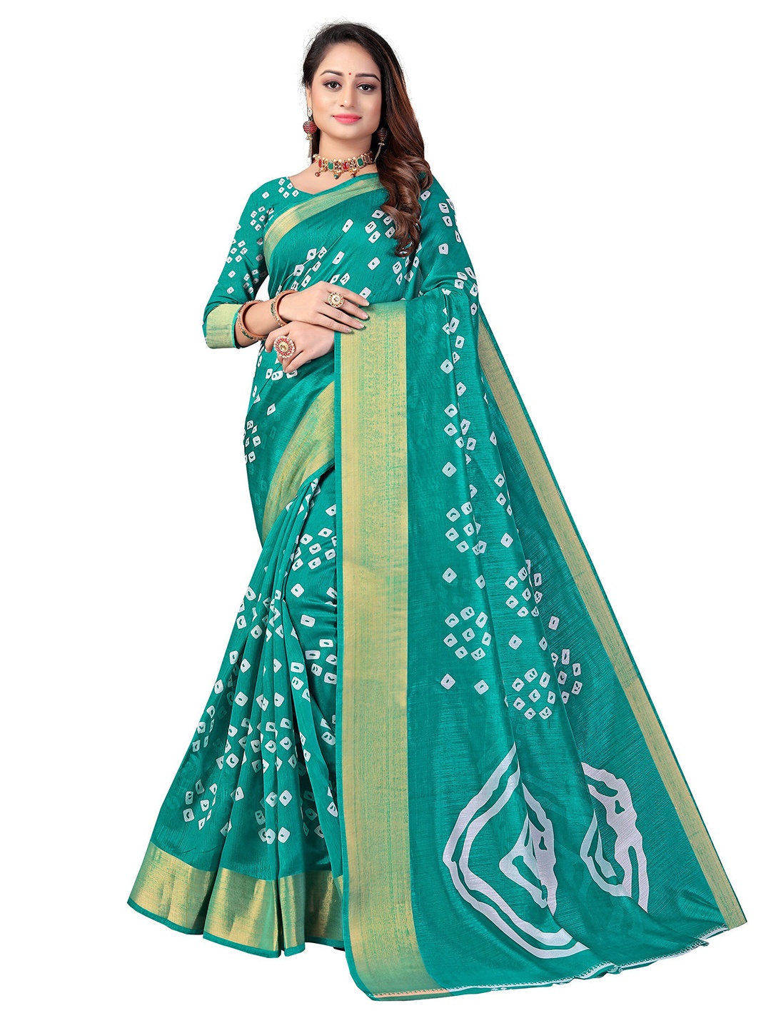 

KALINI Teal & White Bandhani Zari Fusion Mysore Silk Saree