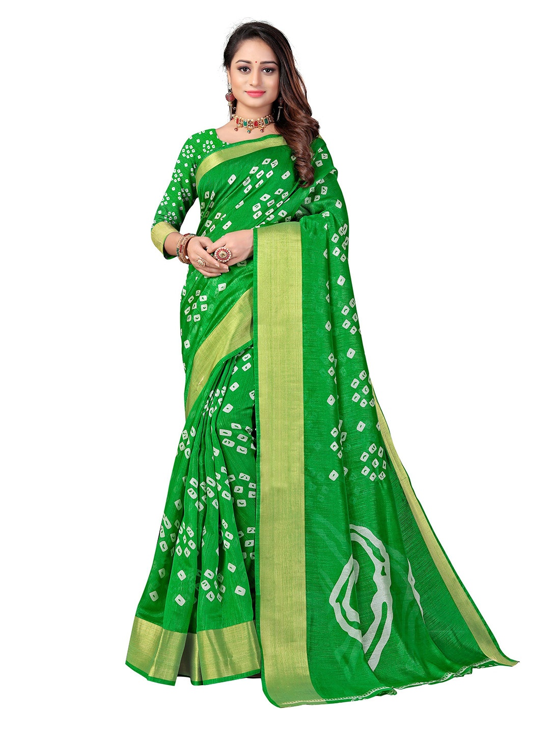 

KALINI Green & White Bandhani Printed Zari Mysore Silk Saree