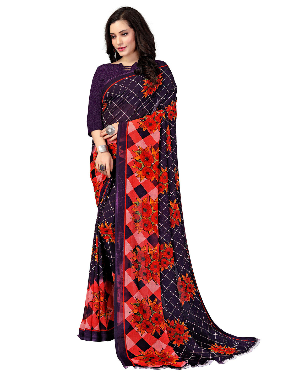

KALINI Purple & Red Floral Fusion Saree