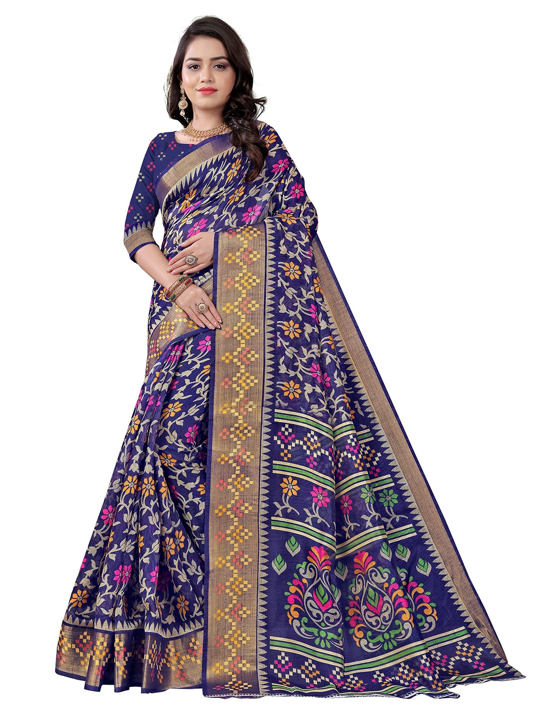 

KALINI Navy Blue & Pink Floral Print Saree