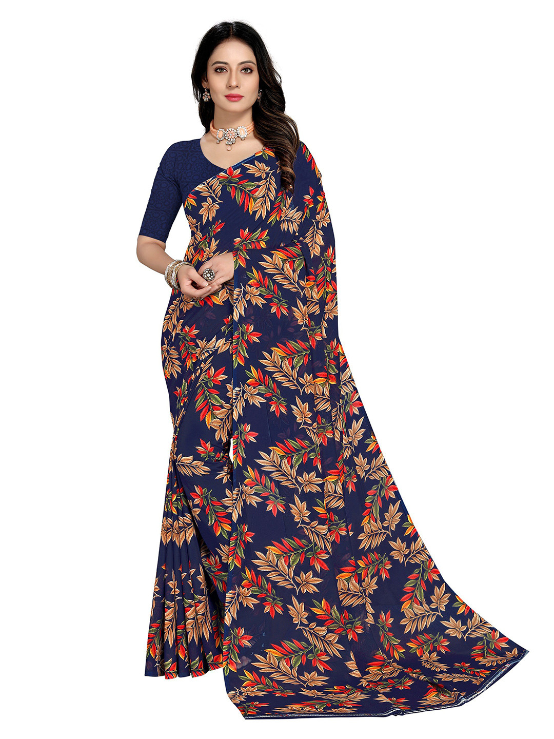 

KALINI Navy Blue & Red Floral Saree