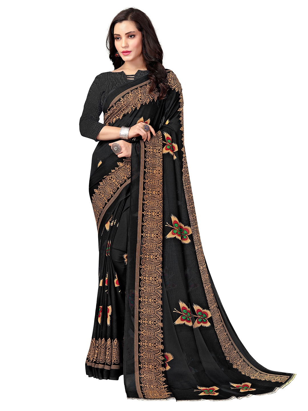 

KALINI Black & Gold-Toned Ethnic Motifs Printed Saree