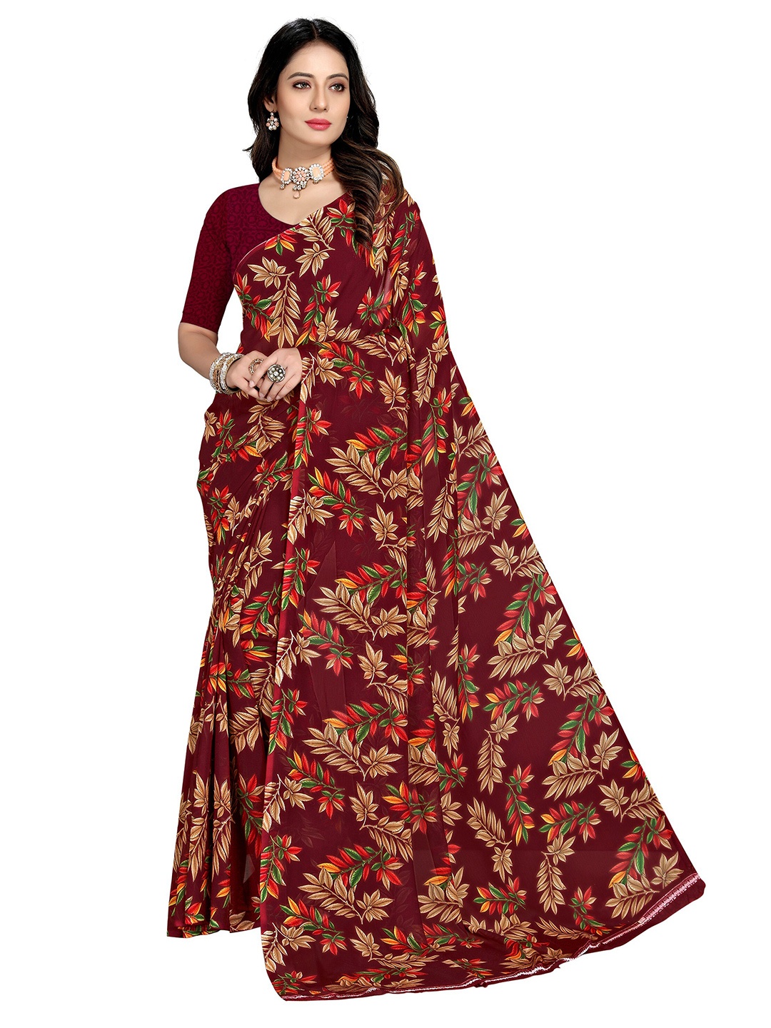

KALINI Maroon & Green Floral Fusion Saree